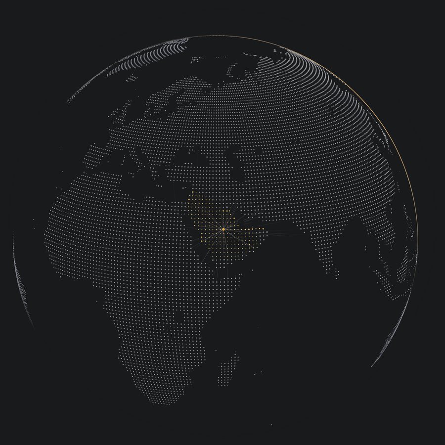 Dotted globe centred on Saudi Arabia with gold corridors to London, China, Southeast Asia and the United States